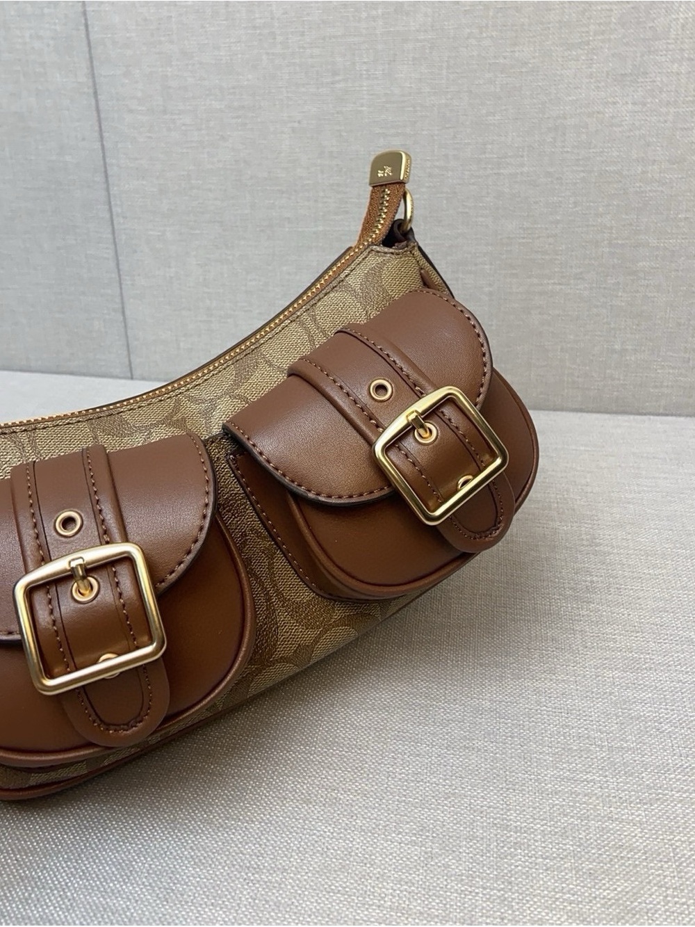 Coach Brown Canvas & Leather Shoulder Bag with Front Buckle Pockets - Picture 9 of 9